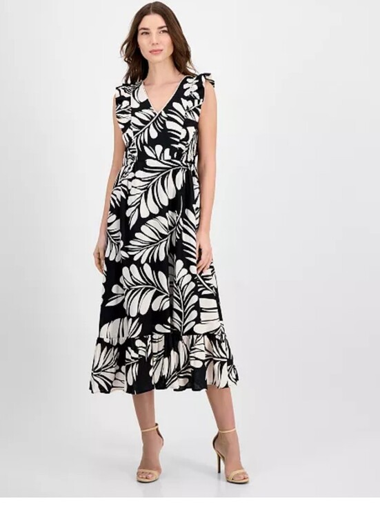 Anne Klein Dresses & Skirts - Anne Klein Black White Floral Midi Dress Women Size 2 Ruffle Sleeve V-Neck NWT